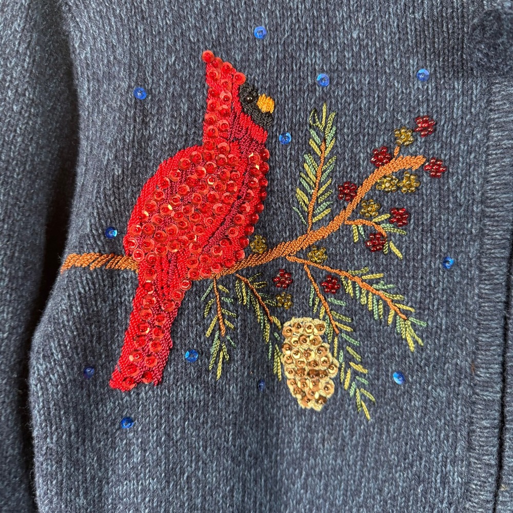 Heirloom Collectibles Embroidered Sequin Cardinal Full Zip Cardigan Sweater L - Picture 7 of 9